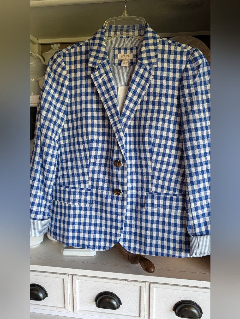 J.Crew Factory Gingham Schoolboy Linen Blazer Blue White Size 8 NWT - Picture 11 of 11